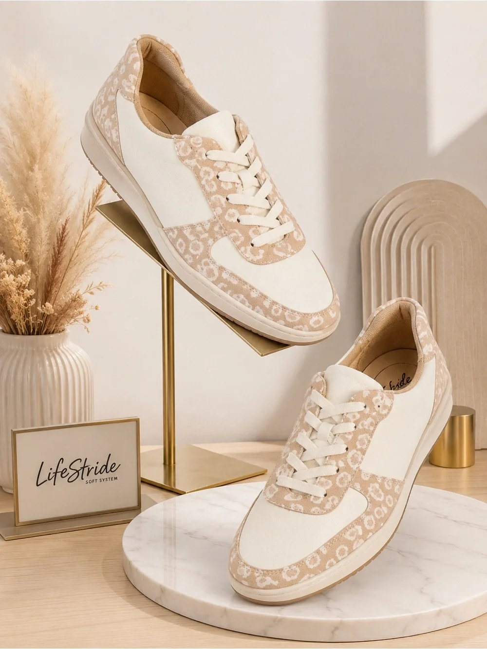 Life Stride Women’s Cream & Beige Leopard Print Casual Sneakers - NWOT